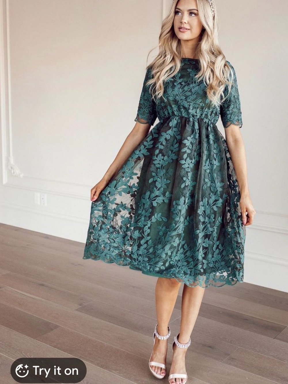 JessaKae Teal Green Floral Lace Midi Dress